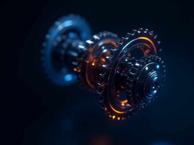 Dynamische 3D-Animation eines komplexen Zahnradmechanismus, der sich präzise bewegt, mit leuchtenden Akzenten in dunkler Umgebung.
